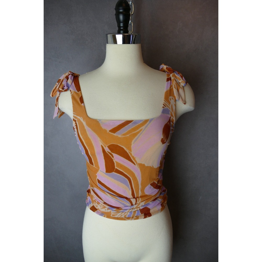 Free People Gold Combo Ruched Mesh Tie Shoulder Tank Top‎ OB1503338 Size M NEW